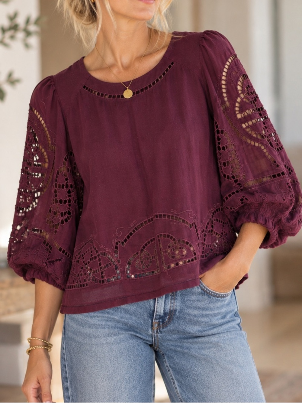 Anthropologie Sz 4 Meadow Rue Top Berry Purple Openwork Lace Cotton Cottagecore